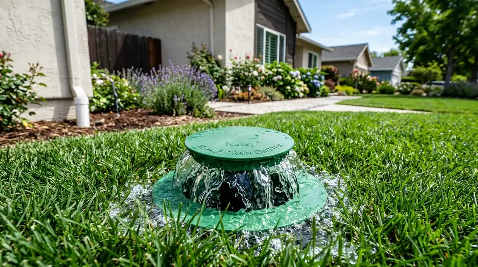Pop-up yard drain emitter discharging clear water during downspout test