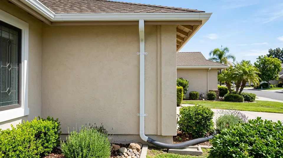 Clean exterior aluminum downspout along residential stucco wall