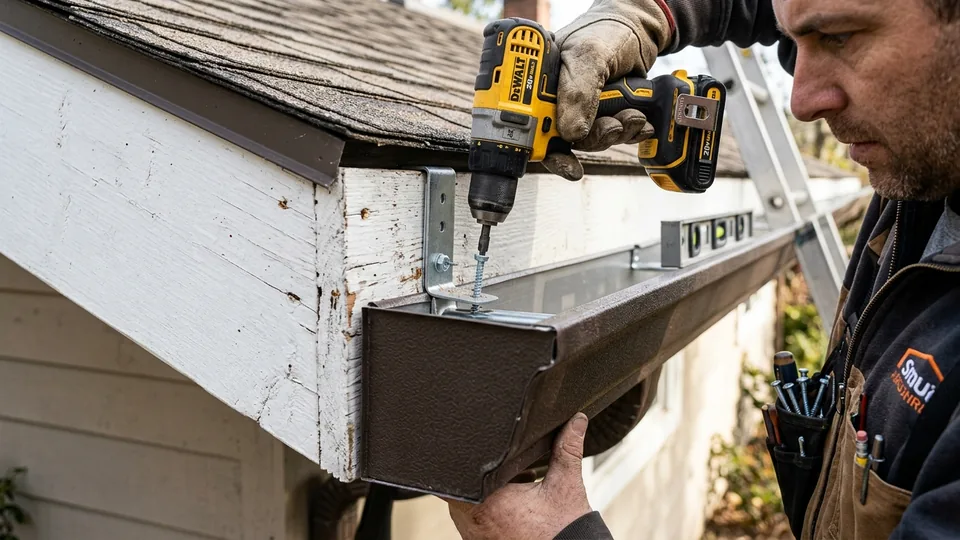 Technician using cordless drill to fasten hidden hanger bracket into fascia board re-pitching gutter